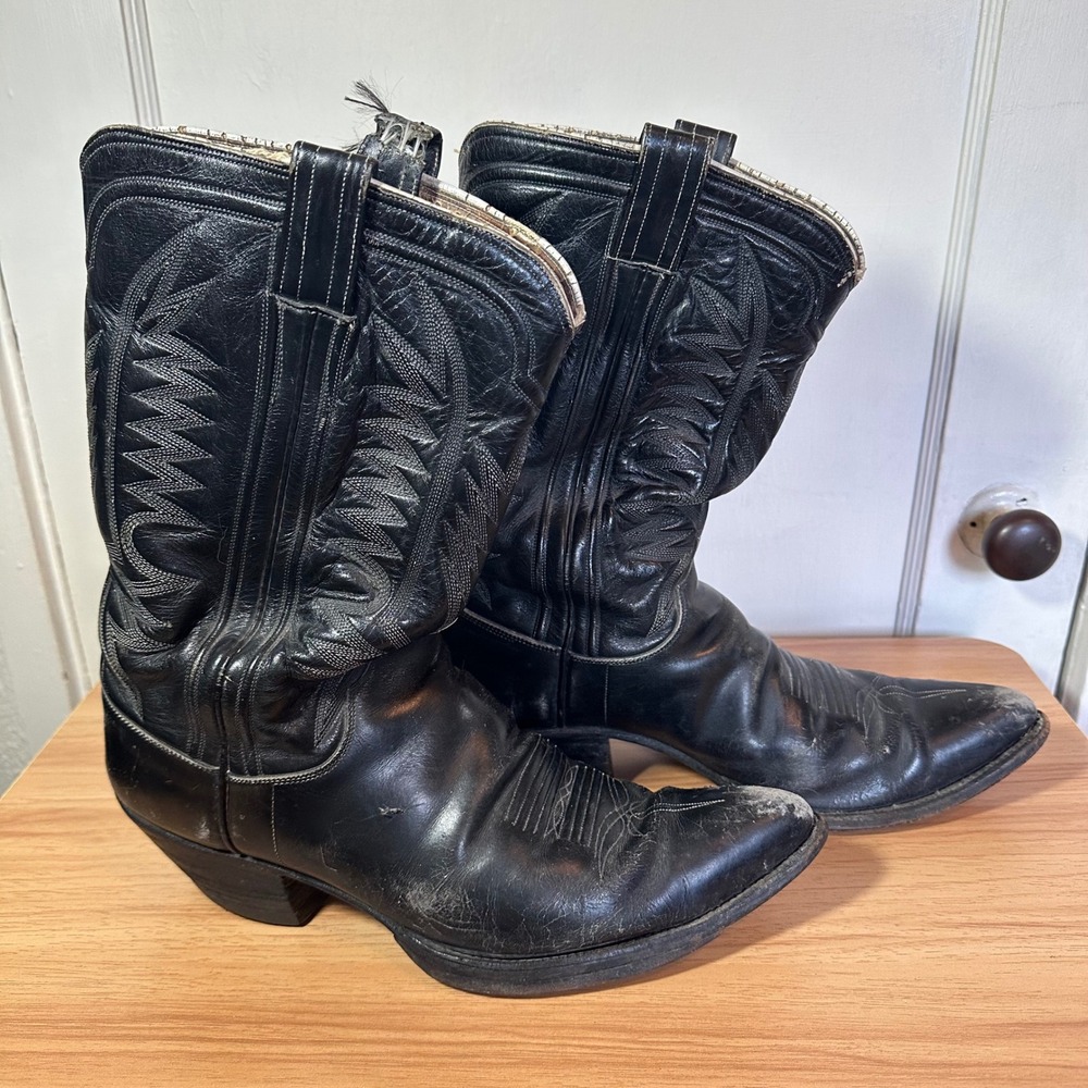 M.L. Leddy Western Boots Black Leather Handmade Pointed Toe Distressed